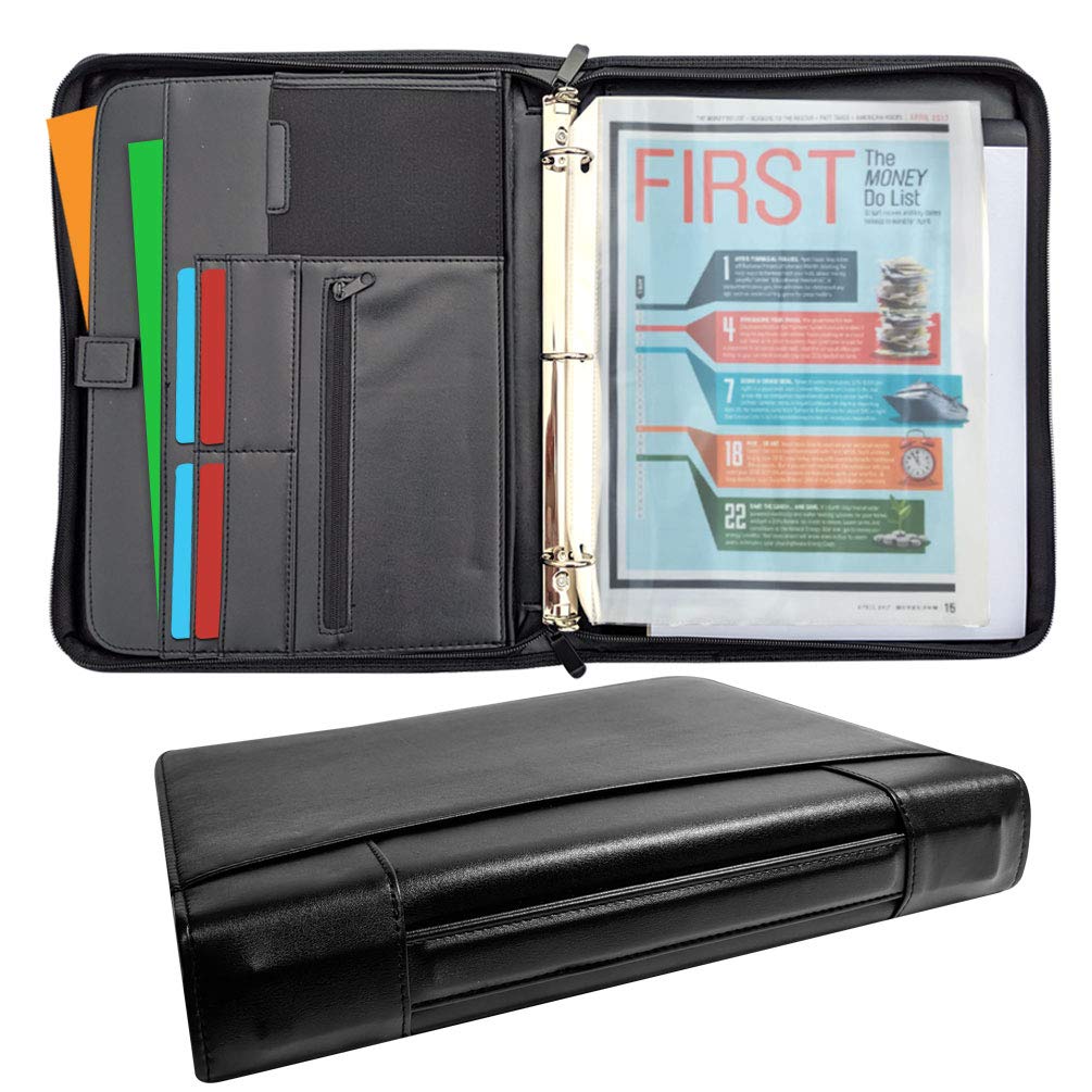 MSP Portfolio Binder with Retractable Handle, Binder Pockets, 3 Rings Binder Zippered Padfolio for Work and Interview- (048 Black)