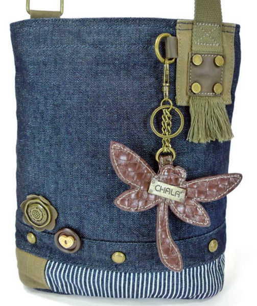 Chala Handbag Patch Cross-body DRAGONFLY Denim Navy Blue Bag, Small