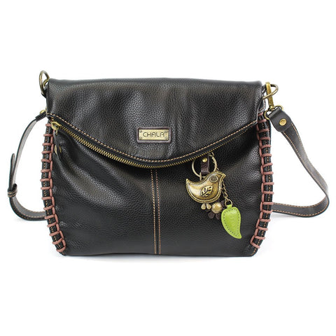 Charming Crossbody Shoulder Purse in PU Leather with Metal Purse Charm (Black Bird)