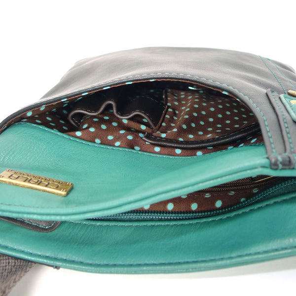 Chala Crossbody SWING Bag Vegan Leather with Detachable Mini Key fob (Teal- 609 Pink Dragonfly)