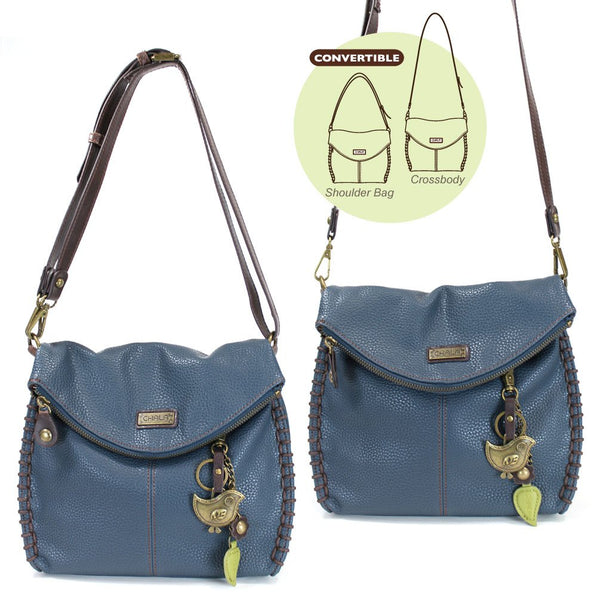 Chala Charming Crossbody Bag - Flap Top and Metal Key Charm in Navy Blue, Cross-Body or Shoulder Purse - Bird