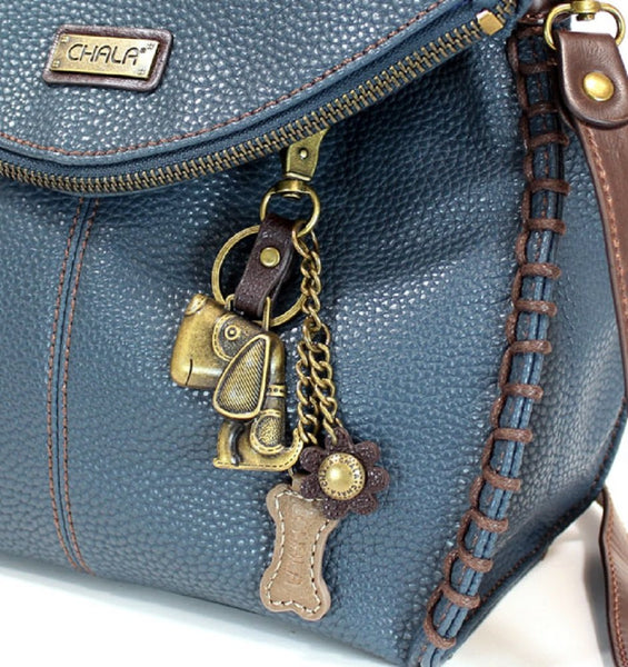 Chala Charming Crossbody Bag - Flap Top and Metal Key Charm in Navy Blue, Cross-Body or Shoulder Purse - Dog