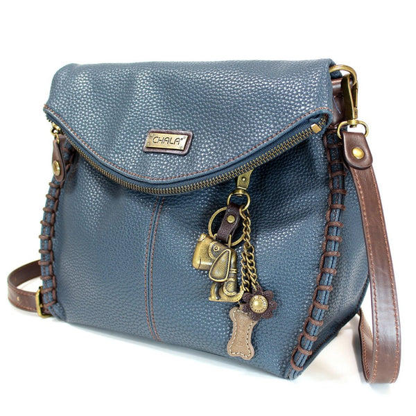 Chala Charming Crossbody Bag - Flap Top and Metal Key Charm in Navy Blue, Cross-Body or Shoulder Purse - Dog