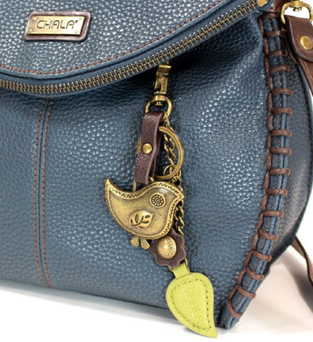 Chala Charming Crossbody Bag - Flap Top and Metal Key Charm in Navy Blue, Cross-Body or Shoulder Purse - Bird
