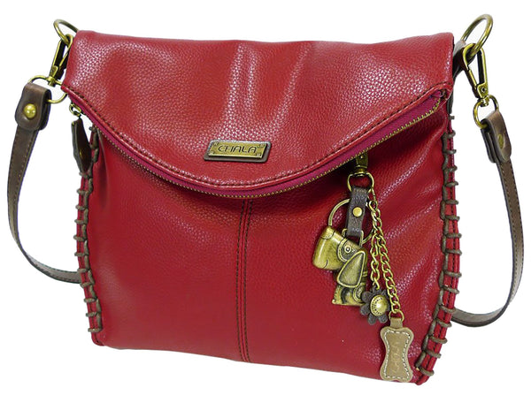 Chala Charming Crossbody Bag with Zipper Flap Top and Metal Chain - Burgundy - Dog