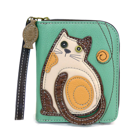 CHALA Handbags- Zip Around Wallet, Wristlet, 8 Credit Card Slots Sturdy Coin Purse( Teal Cat )