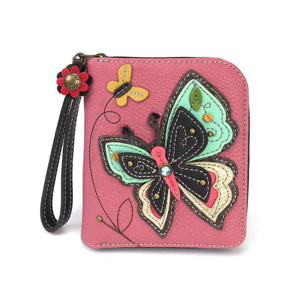 Chala Deluxe Zip around Wallet with 8 Credit Cards Slots - (Pink Butterfly)