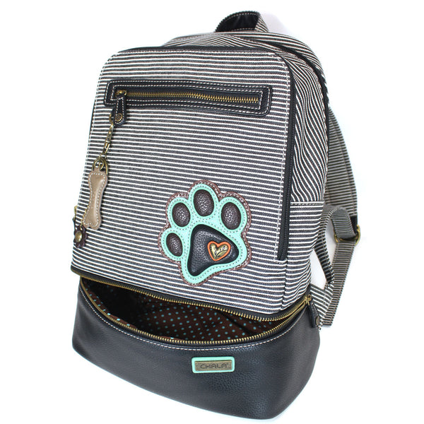 Chala Deluxe Striped Backpack Style Purse with detachable Key Fob Charm (Teal Paw)