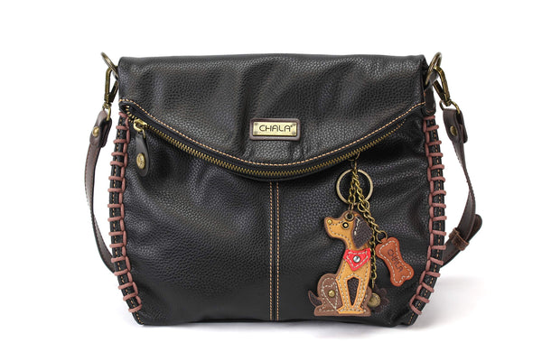 Chala Charming Crossbody Bag with Zipper Flap Top and Metal Chain - Black (Mini Dog)